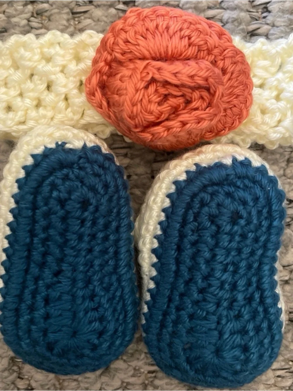 Handmade Cream Crochet Baby Shoes and Headband Set with Coral Flower. 0-3m